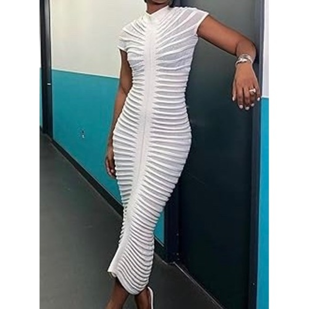 White Bodycon Midi Dress Mock Neck Short Sleeve Party Cocktail Clubwear size S